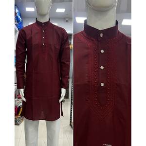 DISEÑADOR ALGODÓN BORDADO TRABAJO HOMBRE KURTA CON PIJAMA LISTO PARA LLEVAR GRANATE - Product Image 1