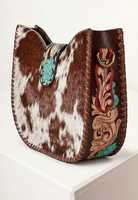 Pochette de luxe en cuir de vachette véritable, faite à la main, avec accent floral turquoise pour femme