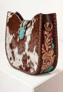 Luxury Cowhide Leather Western Clutch Bag Handmade Hair-On Hide Purse with Turquoise Floral Accent for <b>Women</b> - Product Image 2