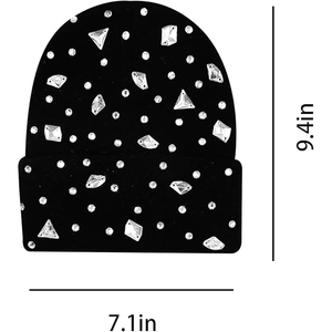 Bonnet en tricot noir à strass pour femme, chaud et tendance, avec revers et motif diamant scintillant - Product Image 6