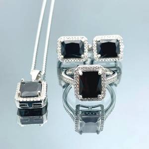 Ensemble de bijoux en argent sterling fait main avec pierres d'onyx, bague, boucles d'oreilles et collier en pierres baguette, pierres précieuses noires naturelles, cadeau élégant - Product Image 1