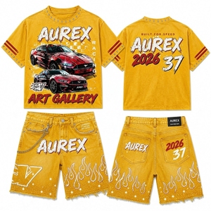 Custom <b>Men's</b> Summer Streetwear Set Cropped T Shirt Shorts <b>Studded</b> Acid Wash 100% Cotton Screen Printed Outfit - Product Image 1