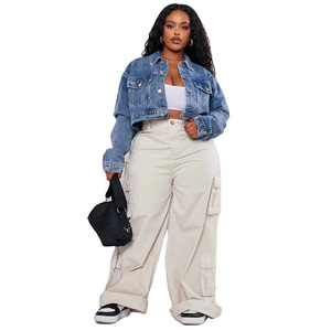 <b>Spark</b> Clothing Women's Cropped Denim <b>Jacket</b> Blue Turn Collar Button Closure Trucker Style Full Sleeve Waterproof Spring Washed - Product Image 3