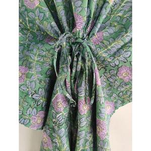 Elegante Vestido Kaftán de Algodón con Estampado Floral de Menta, Cuello en V, Estilo Bohemio, Holgado, Informal, para Vacaciones de Verano - Product Image 5