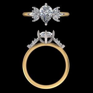 Exquisite Pear Cut Diamond Engagement <b>Ring</b> with Marquise Side <b>Stones</b> <b>Two</b> Tone Gold Cluster Anniversary Band for Women Jewelry - Product Image 3