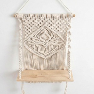 Premium Beige Macrame Wall Shelf With Wooden Rack For Home Decor Storage Display Boho Handmade Cotton Art Piece From India - Product Image 4