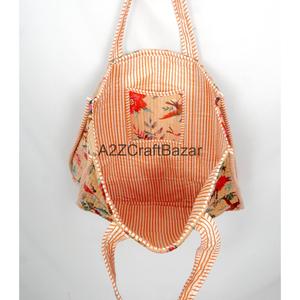 Women's Bohemian Tote <b>Bag</b> with Open Closure Solid Cotton Floral Motifs Hand-Blocked Screen Print Foldable - Product Image 3