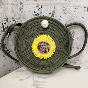 Bolso bohemio verde oliva cuerda con cuentas girasol redondo bandolera monedero para mujer bolso floral de algodón hecho a mano con cierre de perla - Product Image 1