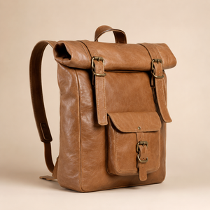 Vintage Brown Leather <b>Roll</b> <b>Top</b> <b>Backpack</b> Buckle Rucksack Travel Laptop Bag for Men Women Daily Office Use - Product Image 3