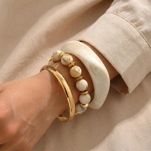 Handmade Turquoise Marble Resin Bangle Stackable Resin Craft Beaded Stretch Bracelet Gold Cuff Set Women Jewelry Wholesale - Product Image 3
