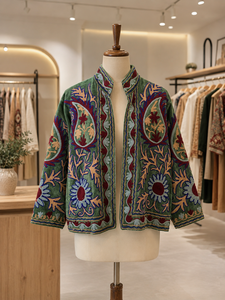 <b>Green</b> Floral Paisley Embroidered <b>Velvet</b> Winter Stand <b>Jacket</b> <b>Women</b> Handmade Suzani Boho Ethnic Vintage Designer Outerwear - Product Image 5