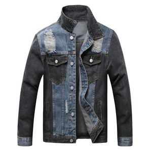 Veste en jean vintage pour homme, patchwork, déchirée, col rabattu, simple boutonnage, manches longues, bleu noir délavé - Product Image 1
