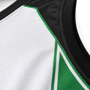 Ensemble de maillots de basket-ball personnalisés pour hommes, blanc, vert, noir, sublimé, col en V, manches courtes, évacuation de l'humidité, coupe régulière, logo sur le devant - Product Image 3