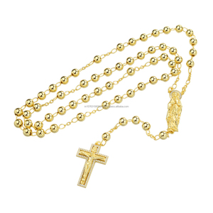 Collier chapelet doré perlé avec pendentif croix et figurine religieuse pour les grossistes et importateurs de bijoux - Product Image 1