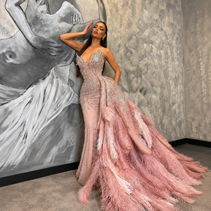 Luxury Blush Pink Feather Mermaid Evening Gown for Women Heavy Hand Embroidered Crystal Work Designer <b>Prom</b> <b>Dress</b> Wedding Gown - Product Image 6