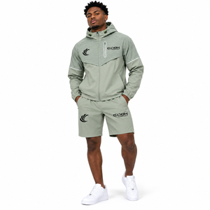Custom Logo Solid Eco-Friendly Winter Half-Zip Satin Windbreaker Jacket Shorts Breathable Windproof <b>Polyester</b> <b>Tracksuit</b> Set - Product Image 3