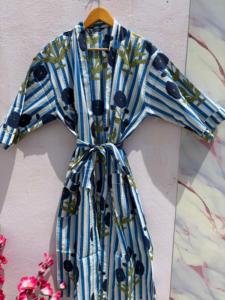 Bata Kimono de Algodón con Estampado Floral y Rayas Azules para Mujer, Túnica de Playa, Bata de Verano, Bata de Dama de Honor, Bata de Spa, Ropa de Dormir - Product Image 1