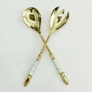 Amazing <b>Gold</b> Stainless Steel Spoon and Fork Salad Servers Elegant MOP & Embossed Design End Handles Cutlery Salad Server Set - Product Image 2