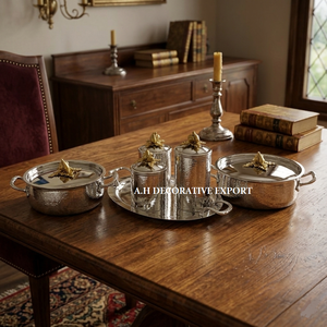 Handcrafted Silver Hammered Kitchen Canister & <b>Casserole</b> Set with Gold-Plated <b>Pumpkin</b> Knobs Premium Royal Tableware Gift Set - Product Image 2