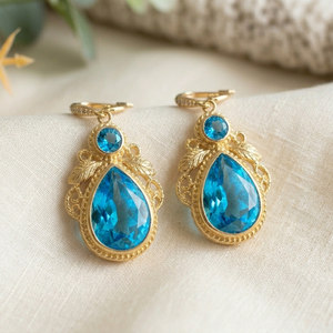 Hot Selling Blue Topaz 925 <b>Sterling</b> <b>Silver</b> Drop Earrings 18K Gold Plated 5 Inch 15g Round 8mm Pear Trendy Wholesale Product - Product Image 1