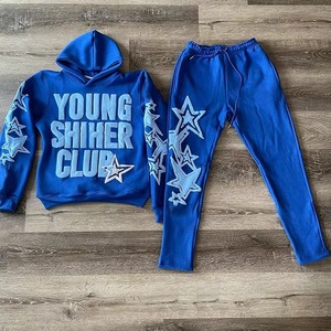 Ensemble survêtement streetwear épais avec logo personnalisé, broderie de lettres, sérigraphie, pantalon de survêtement évasé 500 g/m² et sweat à capuche - Product Image 2
