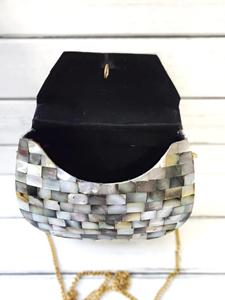 Vintage Fashion Mother Pearl Wristlet <b>Clutch</b> Evening Bag Geometric Pattern White Black Metal Zipper Closure Logo <b>Embellishment</b> - Product Image 3