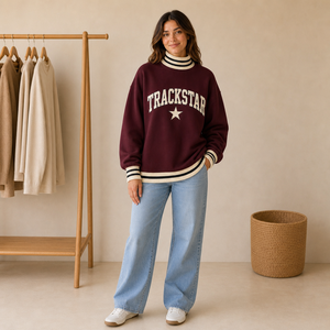 Burgundy Dark Stripe Trackstar Women's Mock Neck Sweatshirt Ivory Letter <b>Star</b> Custom Logo Private Label Wholesale Pullover - Product Image 1