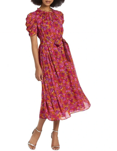 Elegant Vibrant Multi-Tonal Floral Print Casual Tea-Length A-Line <b>Dress</b> Short Sleeve Gathered Neckline Hip <b>Pockets</b> Ruffle Detail - Product Image 3