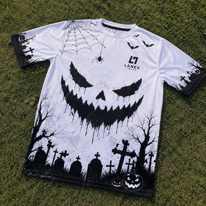 T-shirt personnalisé d'Halloween en gros pour homme, noir et blanc, avec motif citrouille imprimé, manches courtes, décontracté, style streetwear, pour fête - Product Image 6