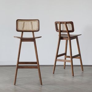 Modern Nordic Design Solid Teak <b>Wood</b> Bar <b>Stool</b> with Natural Rattan Backrest - Product Image 1