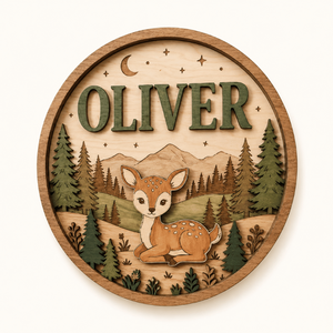 Letrero Personalizado con Nombre de Ciervo del Bosque |   Arte de Pared de Madera con Corte Láser Personalizado |   Decoración de Habitación Infantil con Temática Forestal, Nombre Rústico para Cuarto de Niños - Product Image 1
