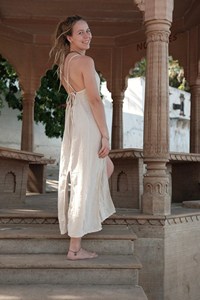 <b>Boho</b> Linen Maxi <b>Dress</b> Handwoven Fringe <b>Summer</b> <b>Dress</b> with Side Slits & Open Back Artisanal Organic Cotton Festival Gown - Product Image 3