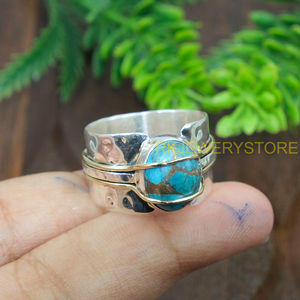 Blue Copper Turquoise Handmade <b>Statement</b> <b>Ring</b> 925 Sterling <b>Silver</b> Brass Wire Wrap Designer Boho Gemstone <b>Ring</b> for Women Him - Product Image 6