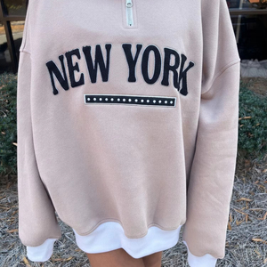 Sweat-shirts d'hiver en molleton à col montant pour femme, bicolores, à demi-zip et épaules tombantes, personnalisables en gros, de haute qualité, 100% avec badges et sequins - Product Image 1