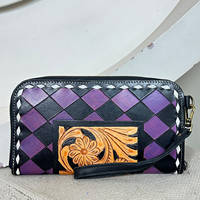 Prix d'usine – Pochette en cuir véritable fait main à motif à carreaux mignon, avec fermeture éclair, et portefeuille de luxe à motif floral, vente en gros