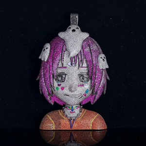 Colgante de Diamantes con Diseño de Chica Anime 'Iced Out' con Pelo Rosa y Detalles de Piedras de Colores en Oro Blanco, Estilo Hip Hop de Personaje de Dibujos Animados Personalizado - Product Image 1