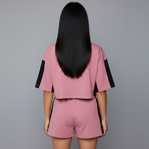 Ensemble short 2 pièces pour femme, sur mesure, 100% coton, avec logo brodé, au-dessus du genou, style urbain, dentelle unie et strass - Product Image 5