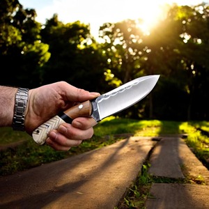 Cuchillo EDC de hoja fija de acero de Damasco hecho a mano con mango de resina y funda de cuero, cuchillo para exteriores - Product Image 5