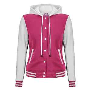 Chaqueta Varsity con Capucha en Bloques de Color Rosa y Blanco, Unisex, Informal, para Otoño, Largo Regular, Material de Poliéster Tejido - Product Image 2