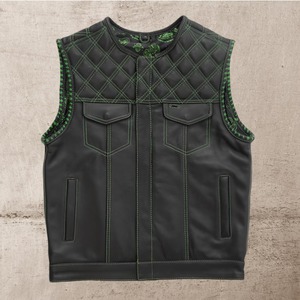 Gilet de motard en cuir matelassé vert diamant pour homme - Product Image 1