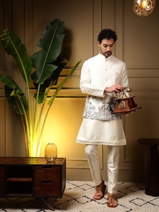 <b>Men</b> White Silk Koti <b>Kurta</b> Pajama Set With Embroidery Regular Fit Traditional Indian Pakistani Knee-Length Wedding Wear - Product Image 3
