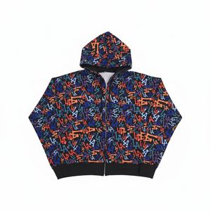 Sweat à capuche streetwear multi-couleurs imprimé sur toute la surface, coupe oversize pour homme, fermeture éclair intégrale, en molleton de coton épais avec motif graphique LA - Product Image 1