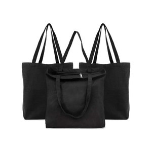 <b>Black</b> Non-Woven Fabric Tote <b>Bag</b> Solid Color Zipper Closure Minimalist Style Embroidery Travel All Seasons - Product Image 4