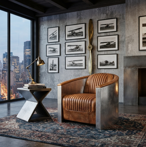 Fauteuil Chesterfield à dossier haut en cuir véritable fait main avec dossier capitonné, accoudoirs roulés, pieds en bois massif, design classique marron - Product Image 1