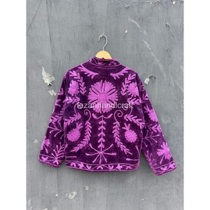 Chaqueta de terciopelo morado con cuello mandarín y bordado floral, manga larga, ropa de abrigo de otoño, blazer elegante para mujer - Product Image 6