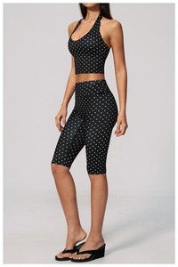 Black Polka Dot Yoga Set Halter <b>Crop</b> <b>Top</b> High Waist Calf-Length Pants 2 Piece Spandex Polyester Breathable - Product Image 2