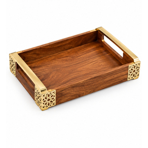Plateau de service en bois avec poignées en laiton doré, fabriqué à la main en bois de manguier, plateau décoratif pour hôtel et restaurant - Product Image 3