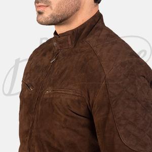 Blouson Bomber de Luxe en Daim Cacao Foncé pour Homme, Veste Minimaliste Sans Col, Manteau en Cuir Véritable de Chèvre, Vente en Gros - Product Image 3