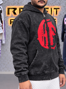 Men's Black Vintage Wash Zip-Up <b>Hoodie</b> With Bold <b>Red</b> Front Graphic Relaxed Fit Full Zip Closure Double Layer Hood Ribbed Cuffs - Product Image 4