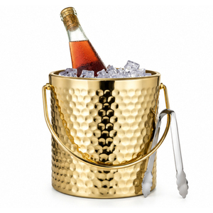 Seau à glace moderne de luxe en métal avec couvercle à bouton doré, seau à vin en acier inoxydable texturé argenté pour hôtel, bar et mariage - Product Image 6